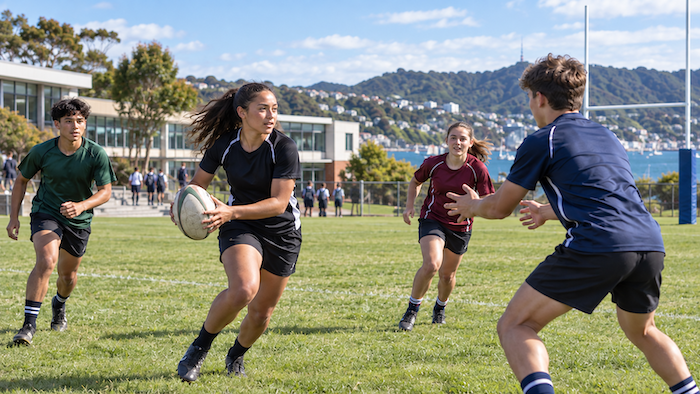 ウェリントンの学校グラウンドでラグビーをするティーンエイジャーの選手たち